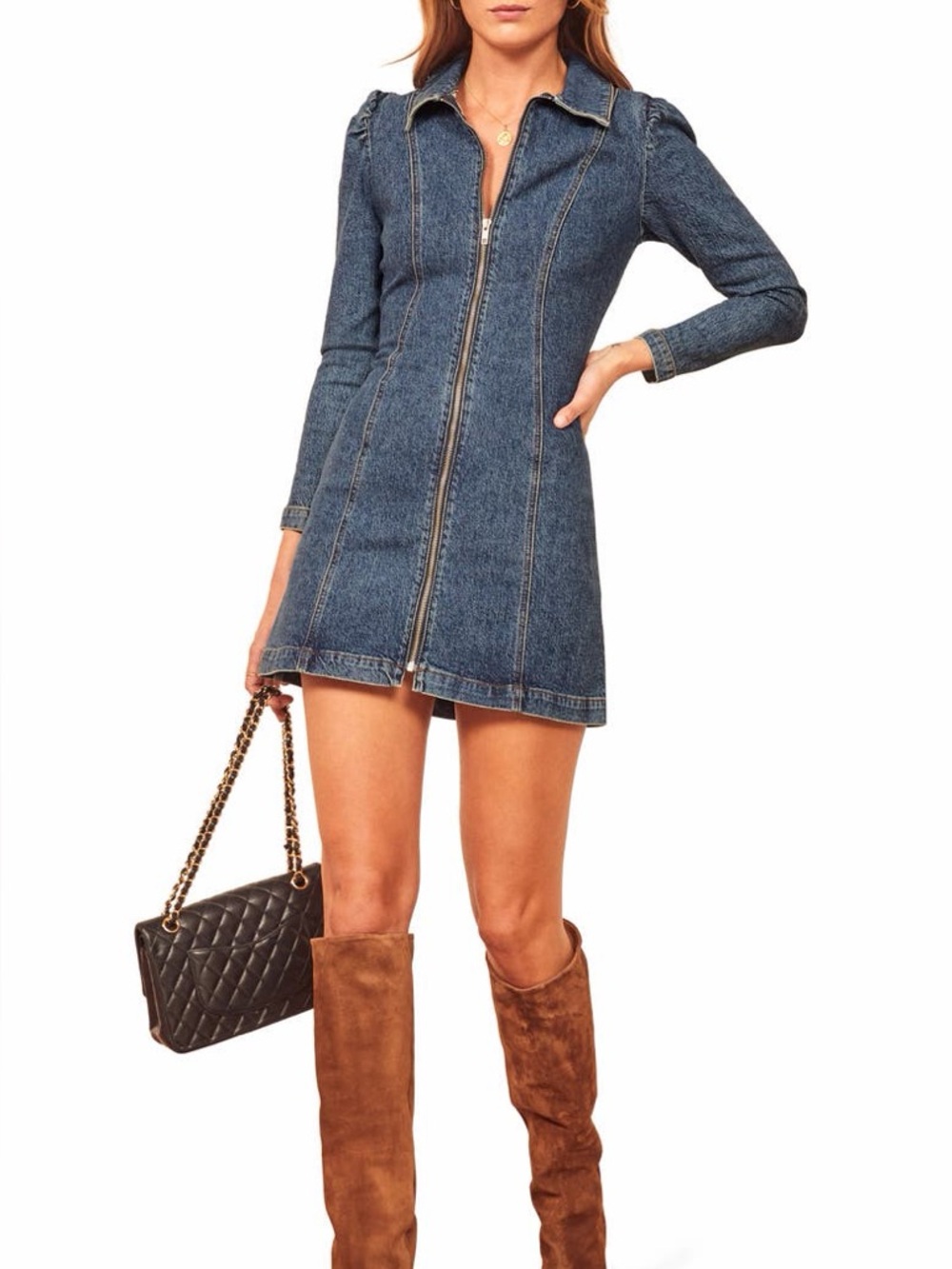 Reformation Blue Denim Kensington Dress Zip-Front Mini Dress wash Newport
